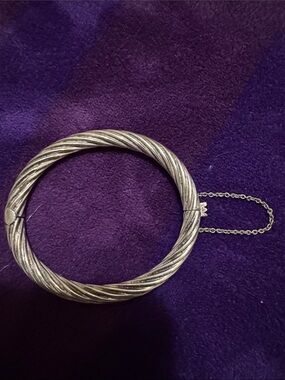 925 Polished Silver-Twisted Cable Bangle Bracelet with Safety Chain